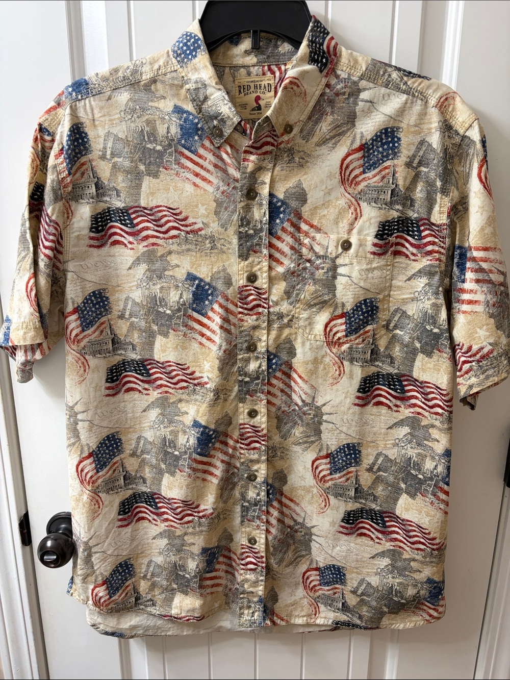 Red Head American Flag Eagle Capitol Short Sleeve Button Up Shirt Mens Large
